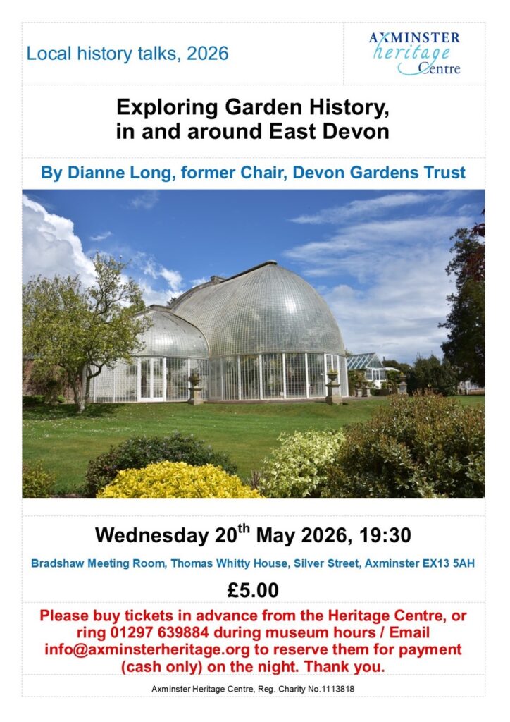 Poster image for an Axminster Heritage Centre talk by Dianne Long, former chair of Devon Gardens Trust