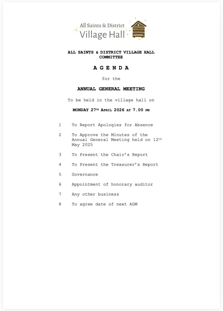 Agenda for ASVH AGM 2026