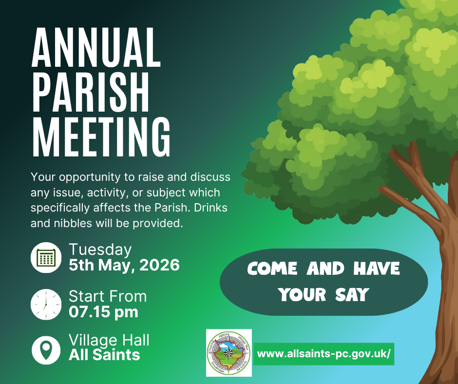 Poster image for Annual Parish Meeting 5th May, 7.15pm at the Village Hall