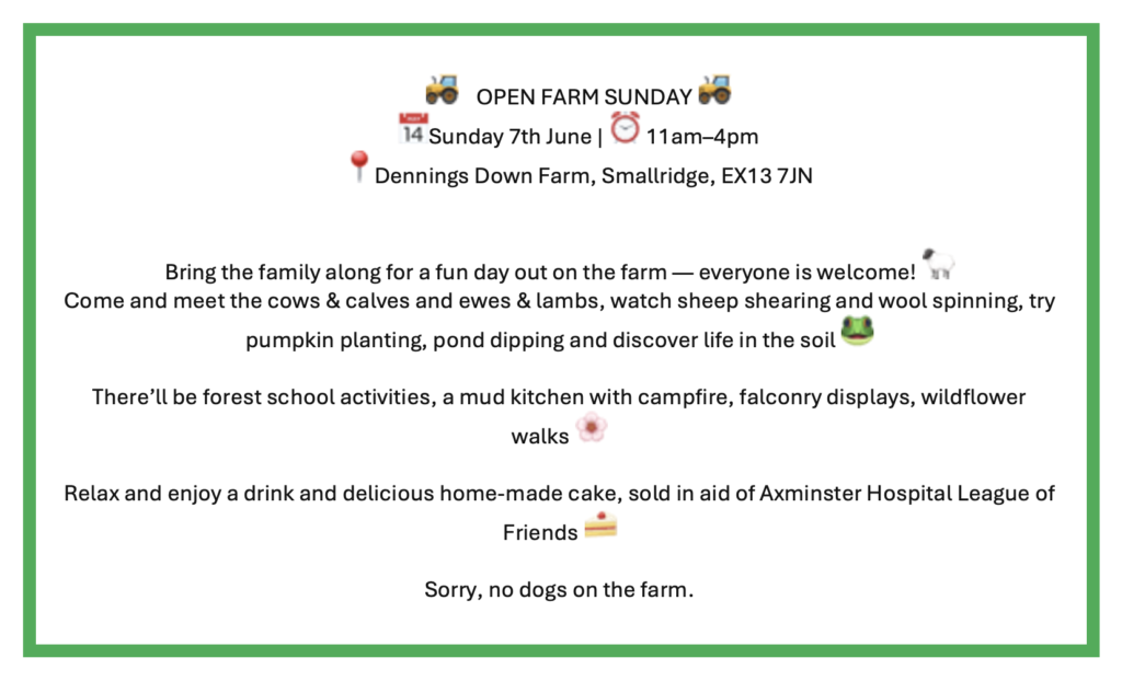 Poster for Open Farm Day at Dennings Down Farm on Sunday 7th June