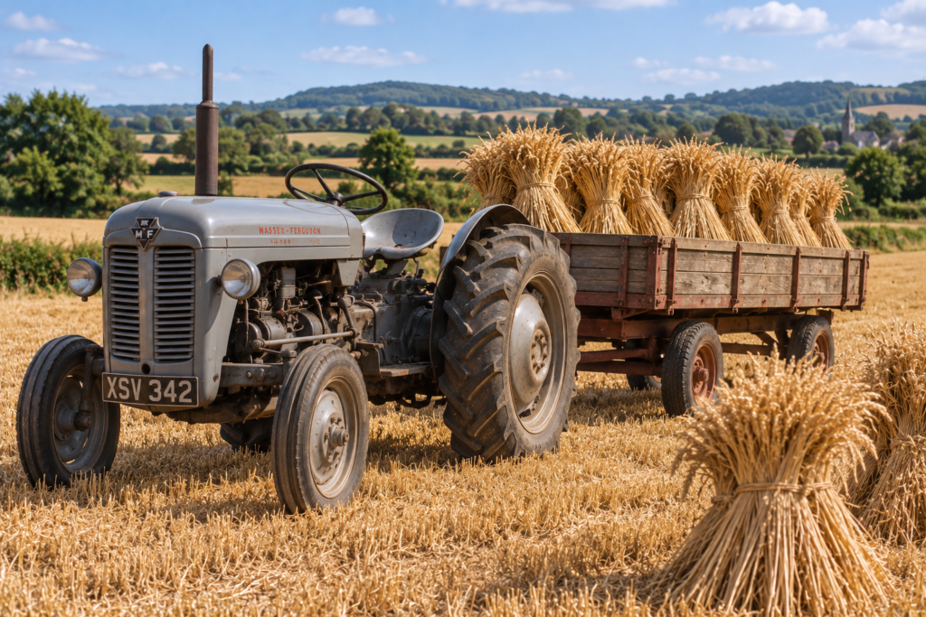 Image of vintage tractor gathering the wheat harvest